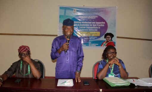 The Pro-Chancellor, Hon. Dr. Bode Ayorinde sharing his dreams of Achievers University with the academic staff during the retreat, having the Vice-Chancellor, Prof Omolola Irinoye (right) and the Deputy Vice-Chancellor, Prof. Oyesoji Aremu (left).