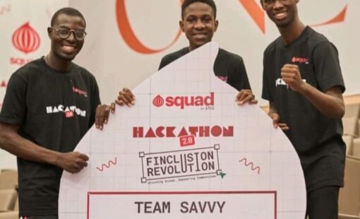 1 Favour Adebayo (Middle) and his team, Team Savvy, being awarded the First Prize at the GTB Habaripay’s Squad Hackathon 2.0