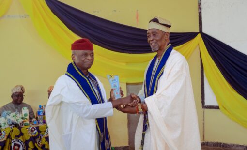 The Pro-Chancellor and Chairman of the Governing Council, Achievers University, Prof. Bode Ayorinde being presented the Ondo UIAA's Distinguished Alumni Award by Bashorun Seinde Arogbofa during the event